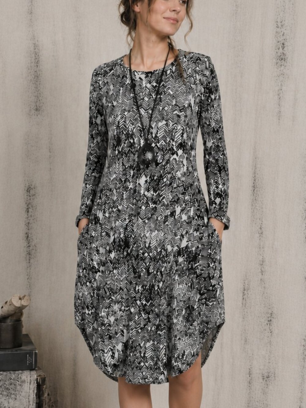 Papu Abstract Graphic Midi Dress Small Black White Artsy Lagenlook Organic Tunic